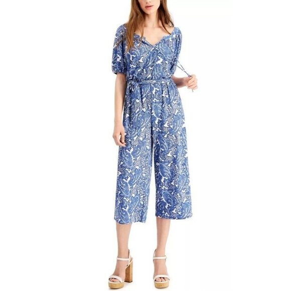 Michael Kors Jumpsuit Pants L Large Colorful Wide Leg Blue White Paisley $135 - Picture 8 of 11